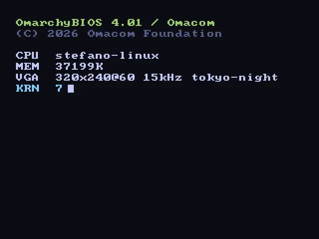 A BIOS style post listing the processor, the memory, the video mode and the kernel.