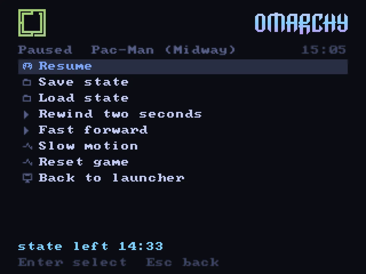 A pause menu over a game, listing save, load, rewind and slow motion.