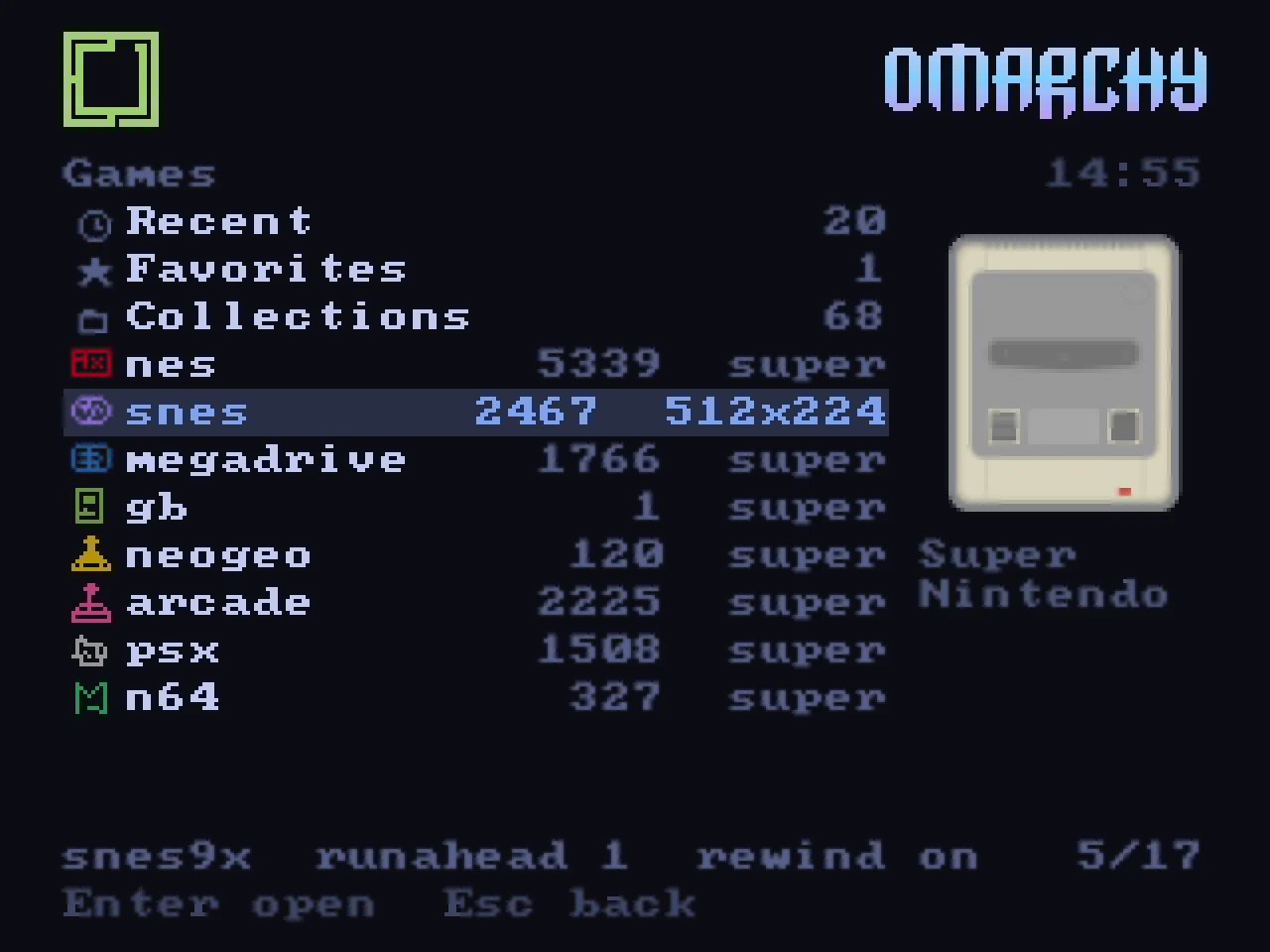 A list of consoles with the line mode beside each, and a drawn picture of the selected machine.