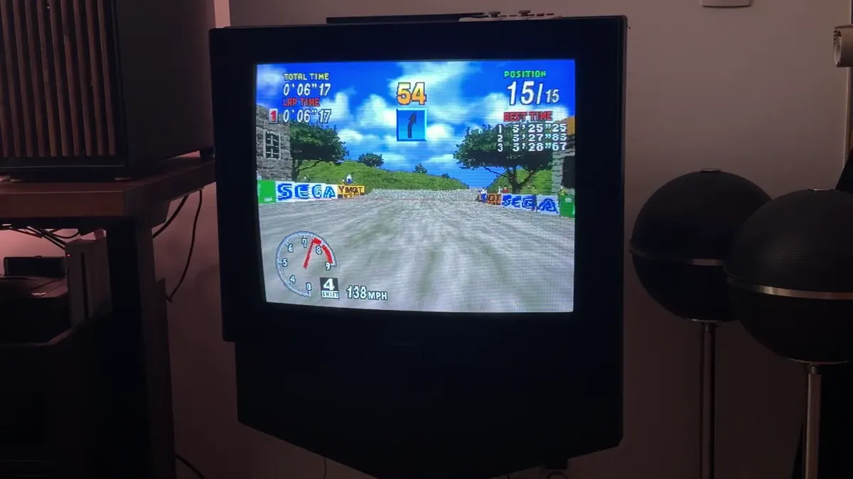 Sega Rally running on a cathode ray tube television.